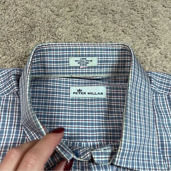 Peter Millar Long Sleeve Button Down Shirt Plaid Blue Cotton Blend Size L - Picture 5 of 6